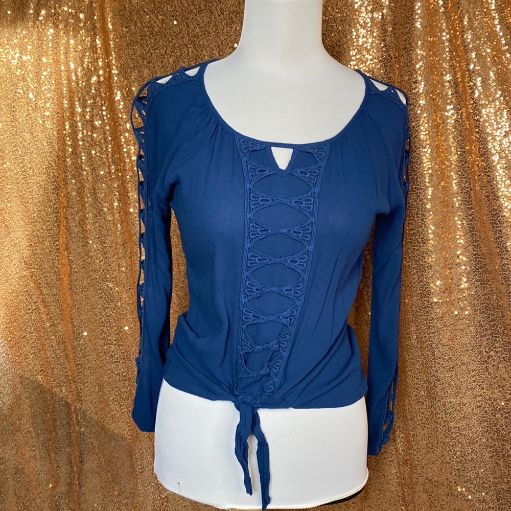 Venus Blue long sleeved blouse with tie front detail and cutouts on sleeves